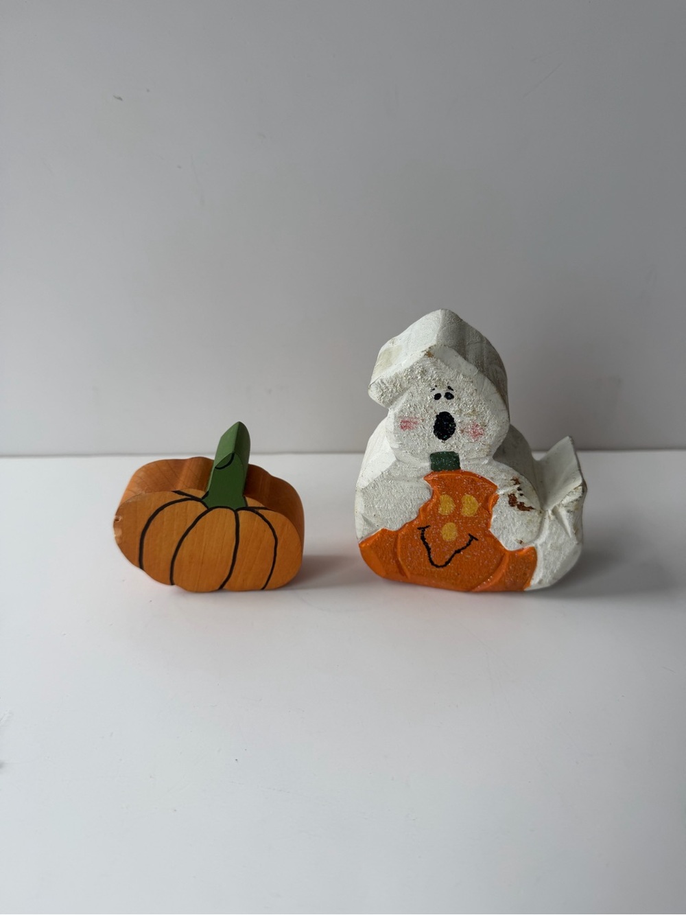 vintage carved wooden Halloween ghost figurine and Pumpkin